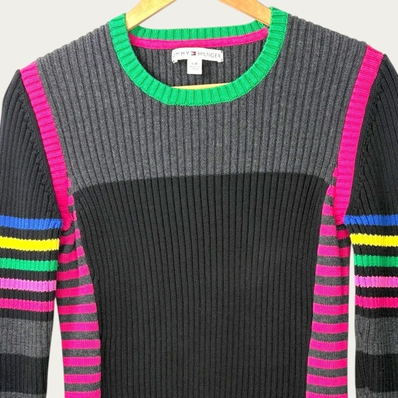 Tommy Hilfiger Japan Sweater L, Stripe Rings, rib knit, Y2K Shrunken Logo, 2000s - Picture 4 of 14